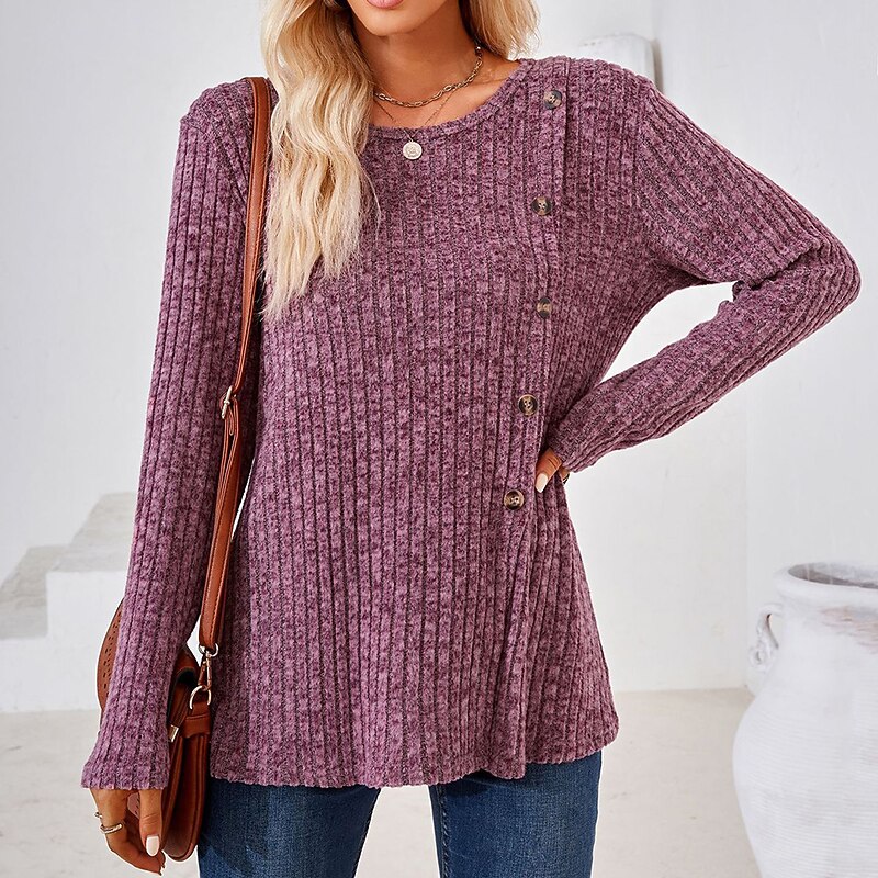 T shirt Tee Women's Black Wine Blue Solid / Plain Color Button Split Daily Fashion Round Neck Regular Fit S3