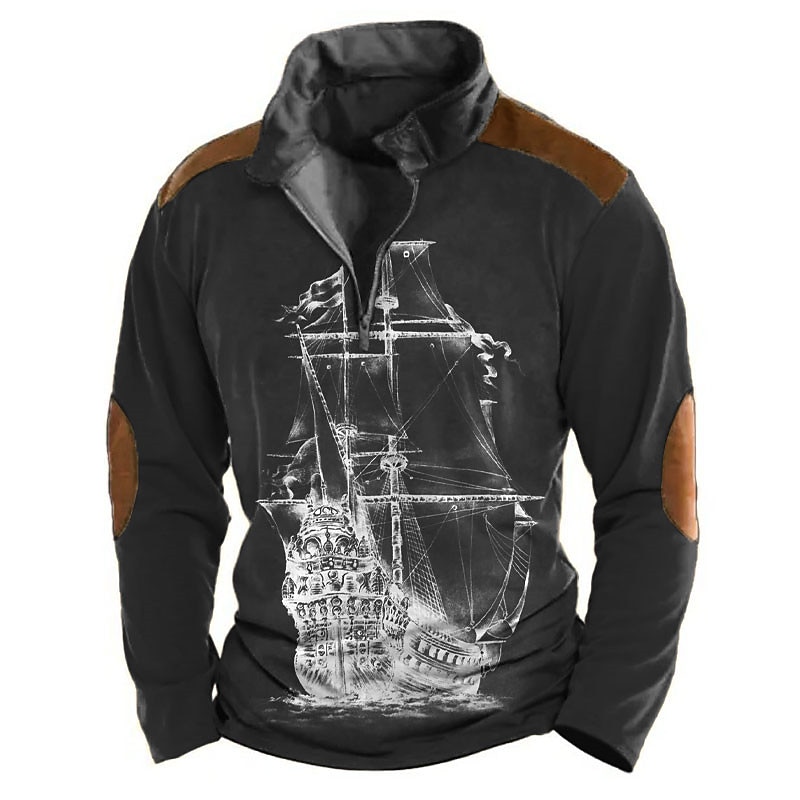 Men's Sailboat Zip Polo Long Sleeve Polo Shirts Turndown Zip Vintage Outdoor Casual Daily Streetwear 3D Print Fall & Winter Black Blue Brown3