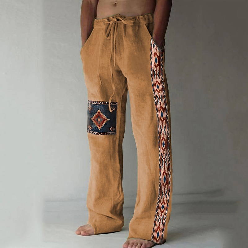 Men's Geometric Pattern Graphic Prints Linen Pants Trousers Summer Pants Mid Waist Vintage Ethnic Style Retro Vintage Casual Daily Holiday Drawstring Elastic Waist 3D Print Spring & Summer 3D Print4
