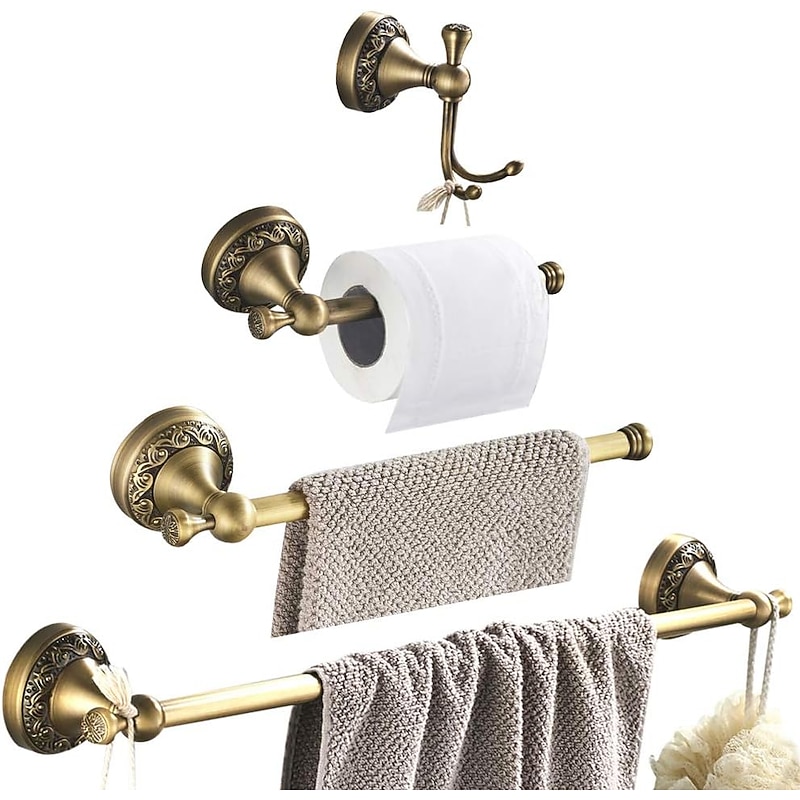 Brushed Brass Towel Holder Antique Brass Vintage Wall Mounted Bathroom Accessory Set for Drilling Shower Wall Retro Country House Style Towel Hooks Toilet Paper Holder