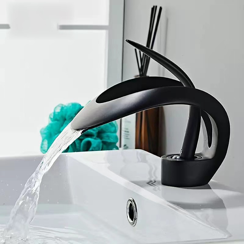 Waterfall Bathroom Sink Faucet, Centerset Curved Single Handle One Hole Bath Taps with Hot and Cold Water Switch, Ceramic Valve Insides