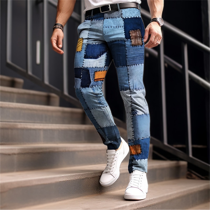 Color Block Plaid / Check Business Casual Men's 3D Print Dress Pants Pants Trousers Outdoor Daily Wear Streetwear Polyester Navy Blue Royal Blue Blue S M L Medium Waist Elasticity Pants3