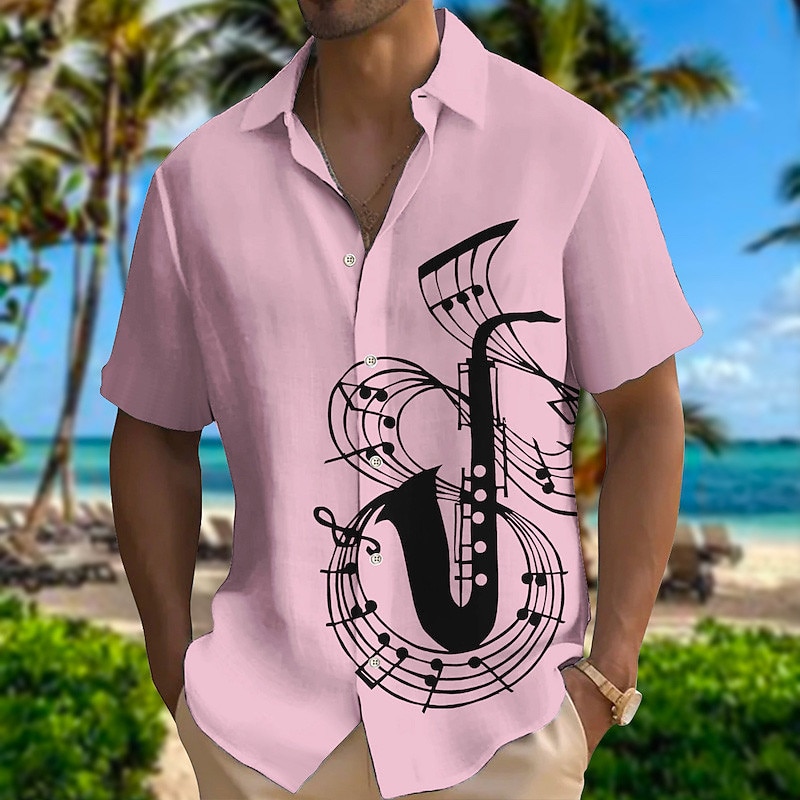 Men's Boardmasters Music Notes Shirt Summer Hawaiian Shirt Button Up Shirt Short Sleeves Fashion Designer Casual Outdoor Street Casual Summer Spring Turndown Print White Pink Blue Green3