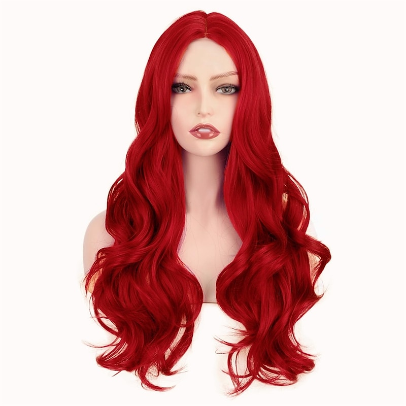 Red Wig for Women Long Wavy Curly Middle Part Wig Natural Looking Synthetic Heat Resistant Fiber Wig for Daily Party Use 26 Inch Christmas Party Wigs4