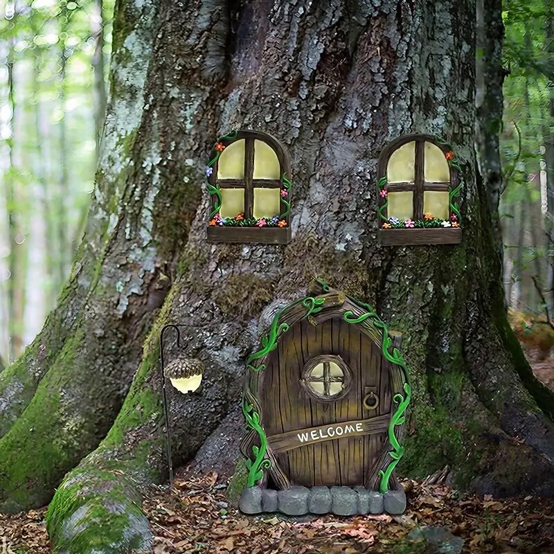 Miniature Fairy Home Window and Door for Trees Cute Miniature Fairy Garden Cute Tree Decoration Garden Door Creative Luminous Tree Decor Fairy Door Decor Accessories for Wall and Outdoor Trees