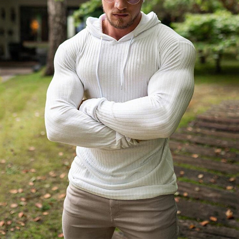 Men's T Shirt Muscle Shirt Ribbed Knit tee Long Sleeve Shirt Long Sleeve Hooded Summer Plain Fashion Streetwear Cool Outdoor Daily Going out Black White Gray Top Tee for Men