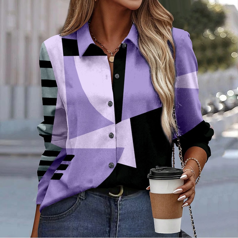 Women's Shirt Button Down Tunic Shirt Collar Long Sleeve Fashion Color Block s Print Regular Tops Casual Pink Blue Purple Green Khaki Spring & Fall3