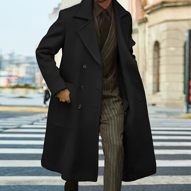 Men's Winter Coat Overcoat Long Trench Coat Outdoor Daily Wear Fall Winter Polyester Outerwear Clothing Apparel Fashion Streetwear Plain Lapel Double Breasted2