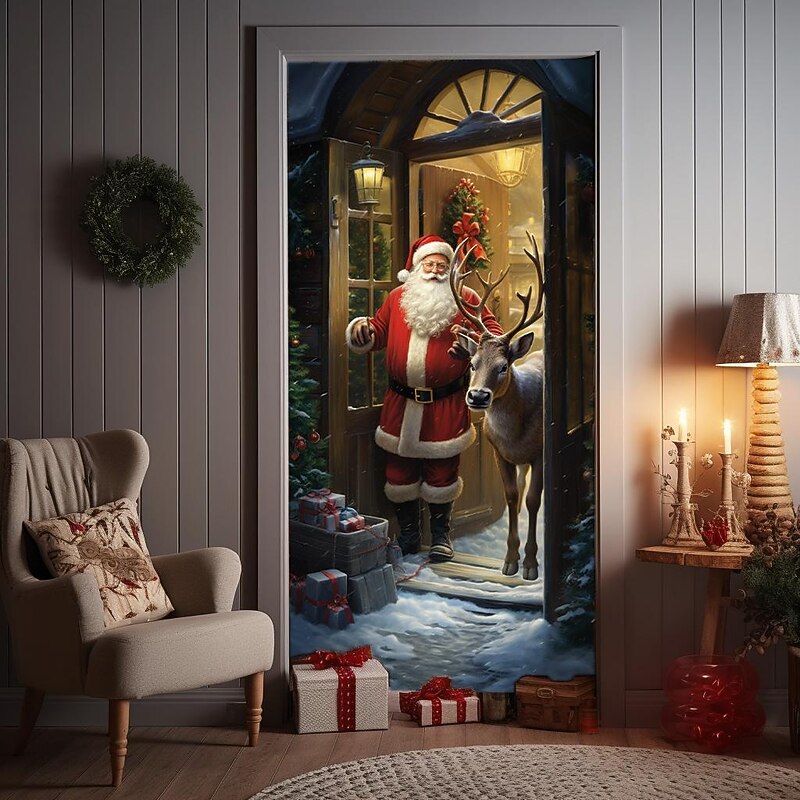 Christmas Door Decorations Santa Reindeer Door Covers Door Tapestry Door Curtain Decoration Xmas Backdrop Door Banner for Front Door Holiday Party Decor Supplies2