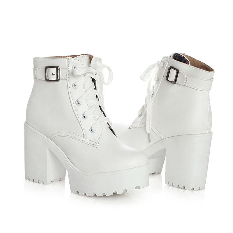 Women's White Platform Ankle Boots, Chunky Heel with Lace - Up & Buckle Detail, Edgy Style for Everyday & Party Looks3