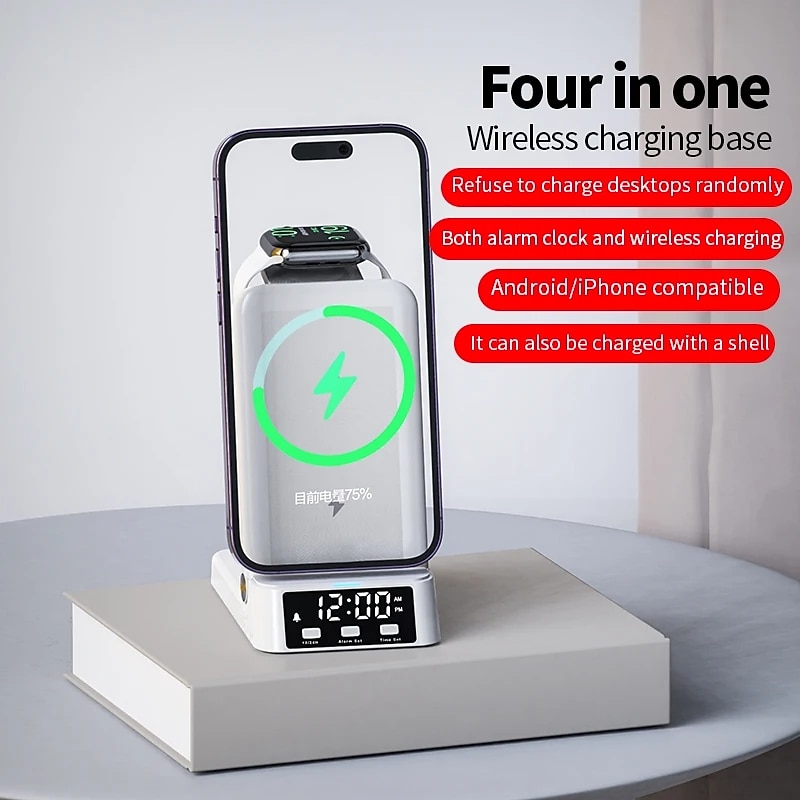 4 in 1 Alarm Clock Wireless Charging Station for Samsung Galaxy Watch 6/5/4 Active 2/1 Galaxy S23 Ultra/S22 Note 20 Buds Pro 2