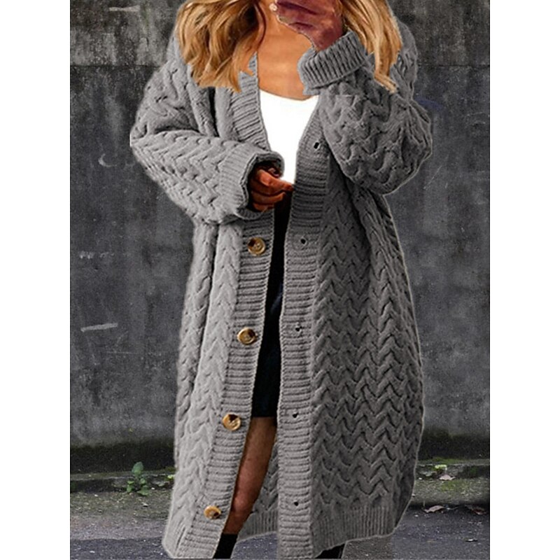 Women's Cardigan Fashion Casual Soft Solid Color Cable V Neck Buttons Knitted Long Sleeve Long Tops Knit Outdoor Daily Going out Black Yellow Fall Winter4