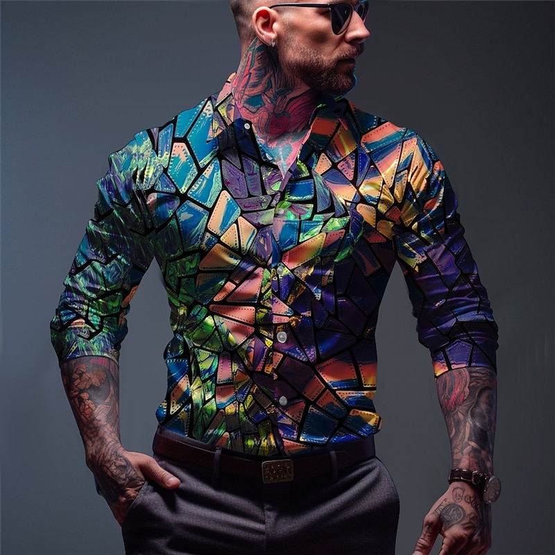 Men's Color Block Geometry Shirt Button Up Shirt Long Sleeve Abstract Outdoor Street Casual Daily Fall & Winter Turndown Buttons Print Black Dark Navy Blue Dark Blue2