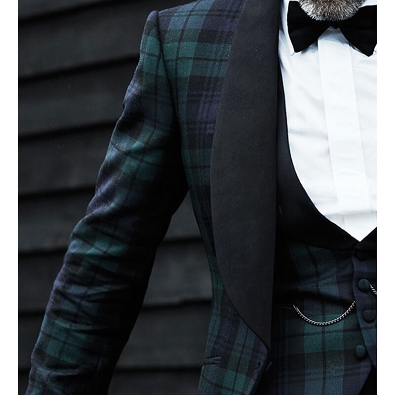 Men's Party Christmas Party Tuxedos Business WorkWear Green Plaid Slim Fit 3 Piece Single Breasted One-button3