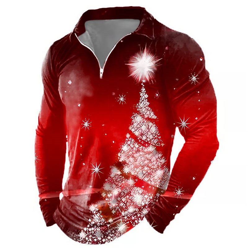 Christmas Men's Casual Print 3D Zip Polo Golf Polo Outdoor Casual Daily Streetwear Polyester Long Sleeve Turndown Zip Polo Shirts Black Wine Fall & Winter S M L Micro-elastic Lapel Polo