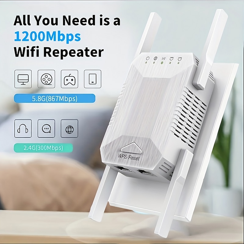 WiFi Extender 1200Mbps 2.4G/5G Dual Band Wireless Internet WiFi Repeater/Router/AP Signal Booster For Home Larger Coverage Extender And Signal Amplifier