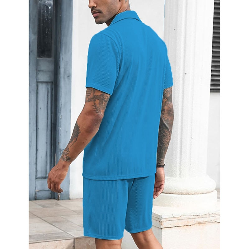 Men's 2 Piece Shirt Set Button Up Shirt Casual Shirt Summer Shirt Yellow Blue Army Green Short Sleeve Plain Camp Collar Daily Vacation Front Pocket Clothing Apparel 100% Cotton Fashion Casual4