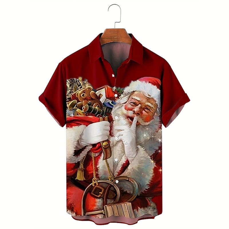 Santa Claus Christmas Fashion Casual Men's Outdoor clothing Daily Wear Streetwear Fall Turndown Short Sleeve Red S M L Shirt Normal
