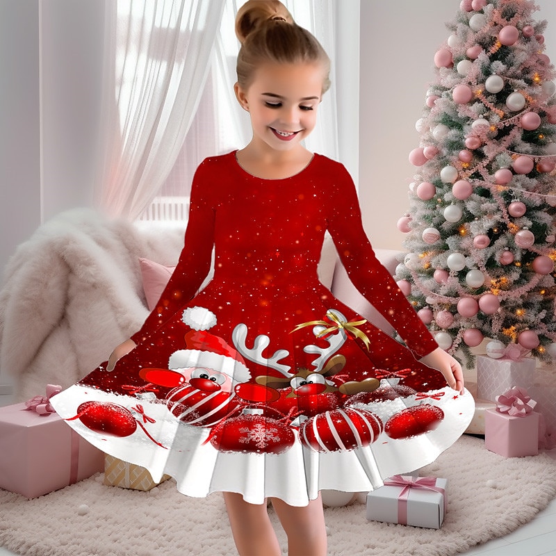 Girls' 3D Santa Claus Snowman Snowflake Christmas Dress Dress Snowflake Dress Long Sleeve 3D Print Fall Winter Vacation Sports & Outdoor Daily Cute Casual Beautiful Kids 3-12 Years Casual Dress A4