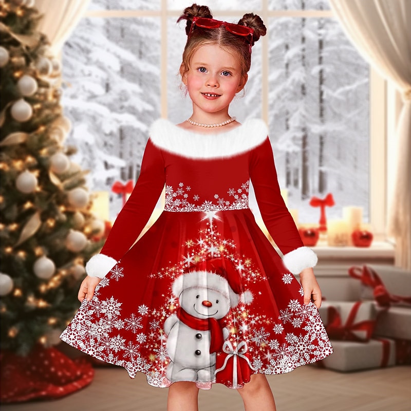 Christmas Girls' 3D Elk Snowman Snowflake Christmas Dress Dress Snowflake Dress Long Sleeve 3D Print Fall Winter Sports & Outdoor Daily Holiday Cute Casual Beautiful Kids 3-12 Years Casual Dress
