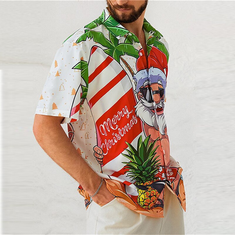 Christmas Men's Santa Claus Printed Shirts Santa Claus Casual Daily Wear Going out Autumn / Fall Turndown Short Sleeves Dark Red, White S, M, L 4-Way Stretch Fabric Shirt2