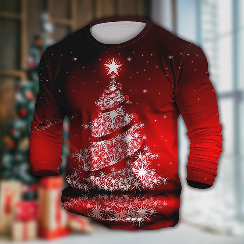 Christmas Men's Christmas Tree Christmas Pattern T Shirt Long Sleeve T shirt 3D Print Crew Neck Shirt Designer Outdoor Casual Party Casual Festival Red Spring &  Fall Clothing Apparel Normal S M L XL
