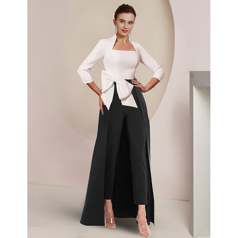 Jumpsuit Mother of the Bride Formal Wedding Guest Elegant Party Square Neck Ankle Length Stretch Fabric 3/4 Length Sleeve with Bow(s) Color Block
