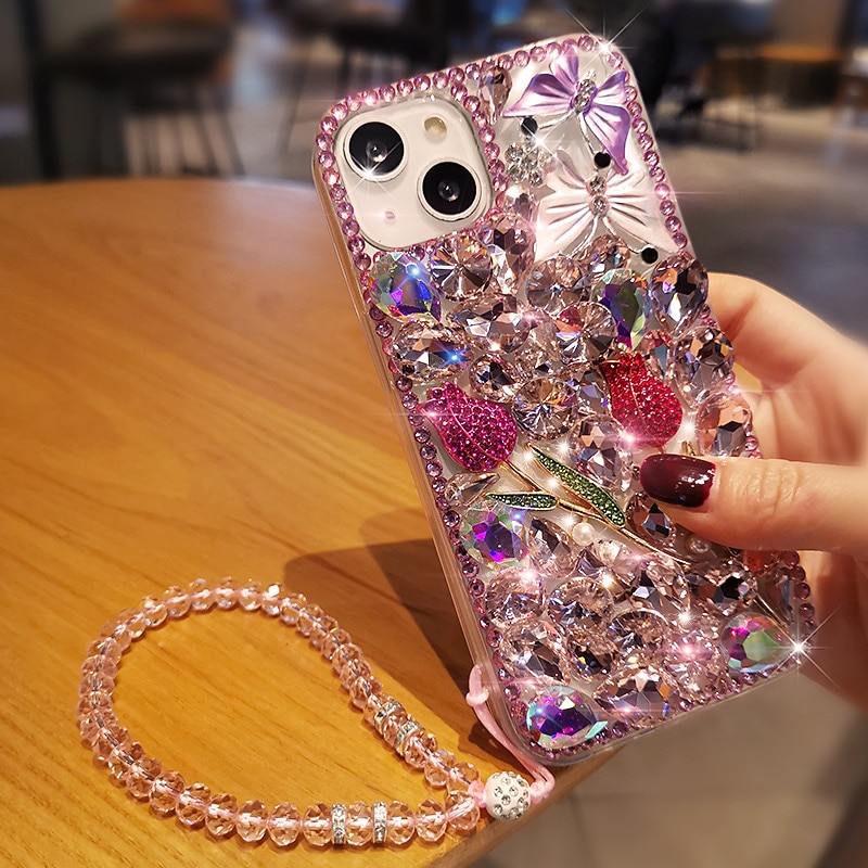 Luxury Rhinestone Floral Case with Beaded Lanyard for iPhone 16e 15 Pro Max Plus 14 13 12 11 Pro Max Mini X XR XS Max 8 7 6 SE – Bling Crystal Full Back Cover