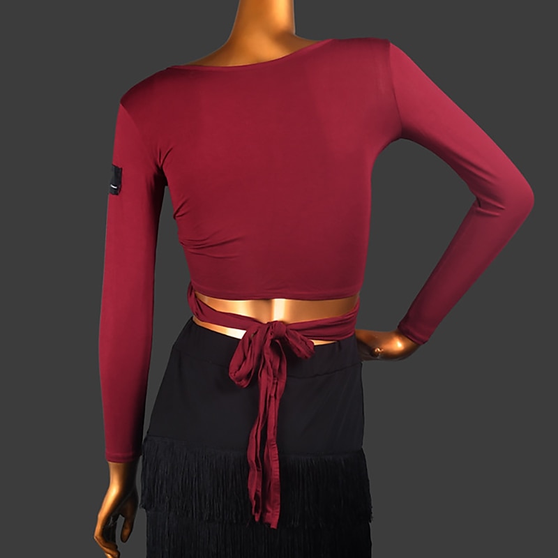 Latin Dance Ballroom Dance Top Cinch Cord Pure Color Splicing Women's Performance Training Long Sleeve Modal2