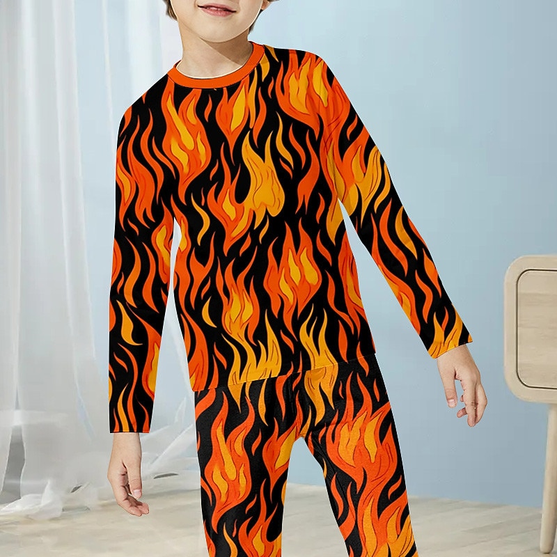 Boys 3D Fire Pajama Sets Long Sleeve 3D Print Fall Winter Active Cool Daily Kids 4 years+ Crew Neck Home Causal Indoor Regular Fit3