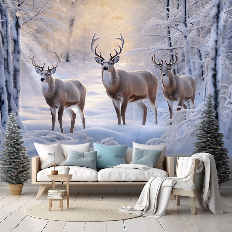 Winter Wonderland Hanging Tapestry Wall Art Large Tapestry Mural Decor Photograph Backdrop Blanket Curtain Home Bedroom Living Room Decoration Snow Reindeer4