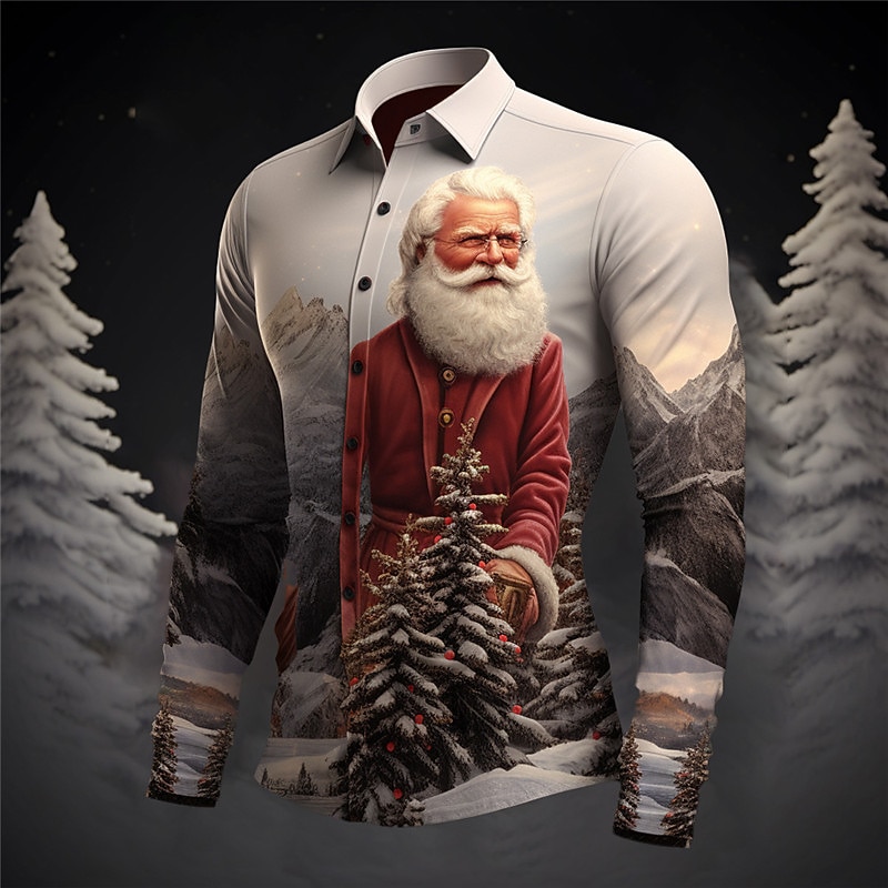 Men's Santa Claus Tree Shirt Button Up Shirt Long Sleeve Casual Christmas Daily Wear Going out Fall & Winter Turndown Print Button-Down Gray+Purple Dark Red Yellow Red Royal Blue