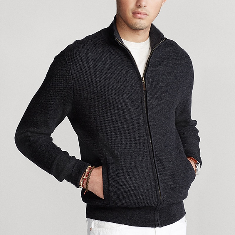 Men's Cardigan Sweater Zip Sweater Knitted Cardigan Ribbed Knit Regular Pocket Knitted Plain Stand Collar Warm Ups Modern Contemporary Daily Wear Going out Clothing Apparel Winter Dark Blue Gray S M L2