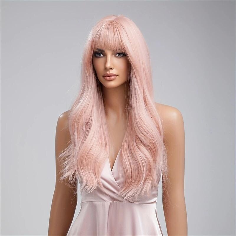 Synthetic Wig Curly Neat Bang Wig Long Brown Pink Synthetic Hair Women's Fashionable Design Natural Easy to Carry Pink Brown Christmas Party Wigs3