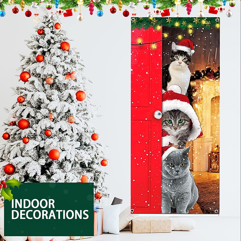 Christmas Door Decorations Cats Door Covers Door Tapestry Door Curtain Decoration Xmas Backdrop Door Banner for Front Door Holiday Party Decor Supplies3