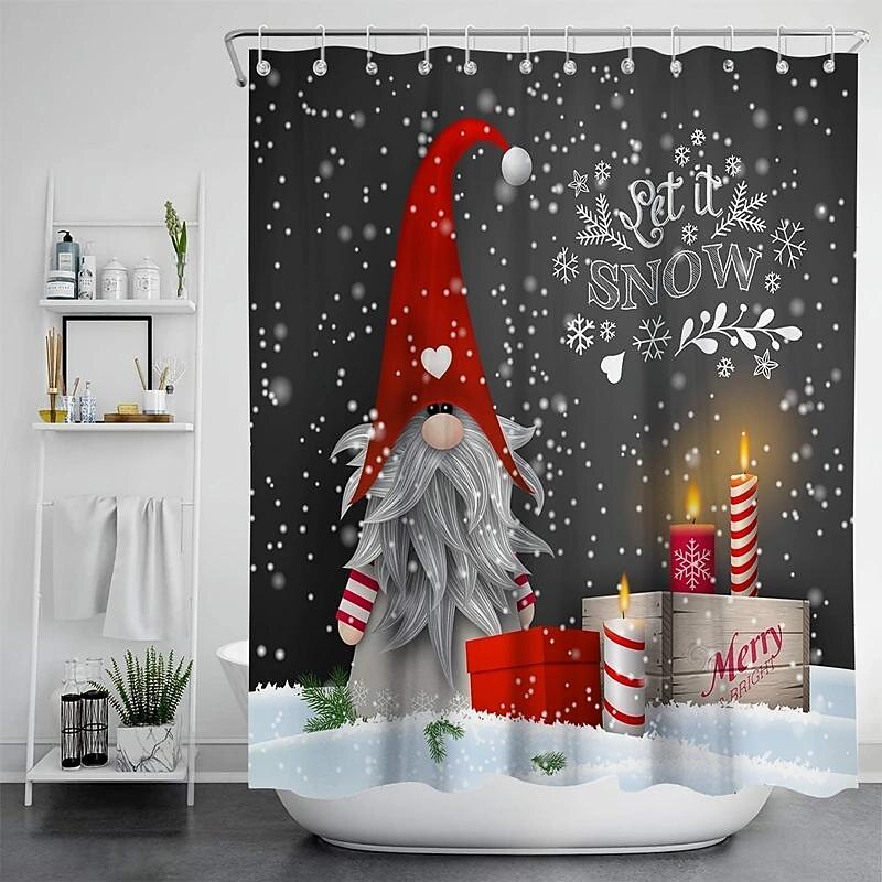 Gray Background Elf Bathroom Shower Curtain, Cute Christmas Snowflake Pattern Shower Curtain, Winter Christmas Holiday Bathroom Curtain, With 12 Plastic Hooks2