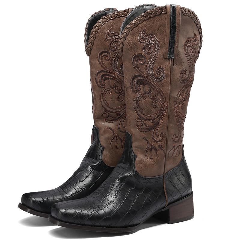 Men's Western Cowboy Boots – Brown Faux Leather with Embroidered Patterns and Crocodile Texture for Vintage Style 10