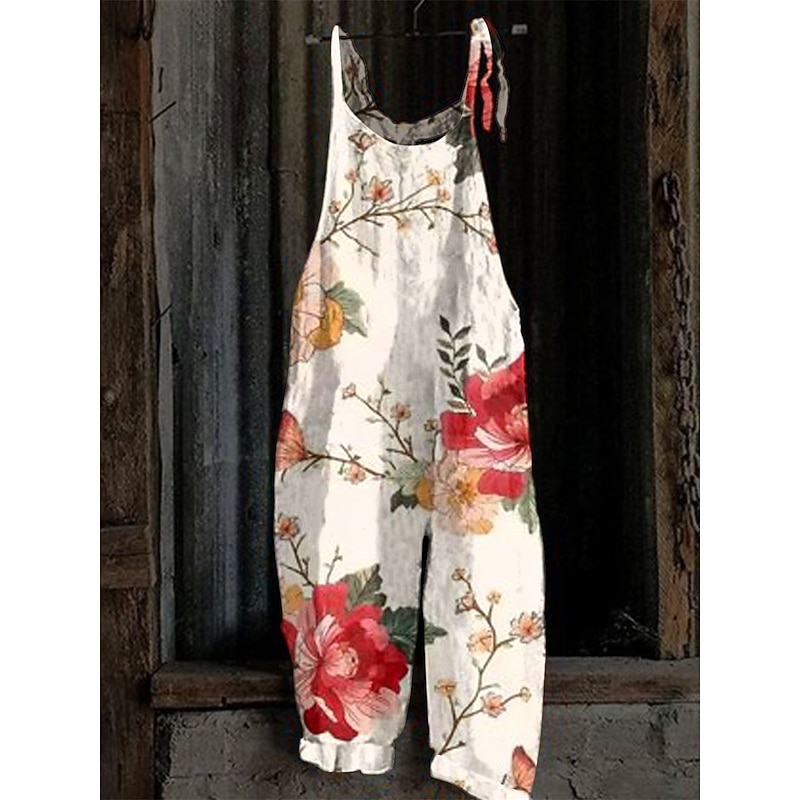 Women's Overall Floral Active Going out Weekend Straight Loose Fit Strap White Pink Red S M L Spring2