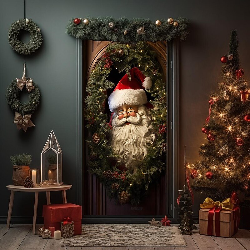 Christmas Door Decorations Santa Wreath Door Covers Door Tapestry Door Curtain Decoration Xmas Backdrop Door Banner for Front Door Holiday Party Decor Supplies3