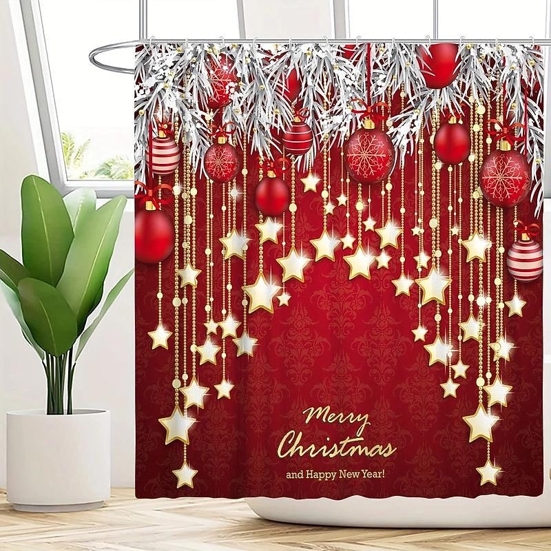 Christmas Bathroom Shower Curtain, Xmas Decoration Curtain with 12 Hooks2