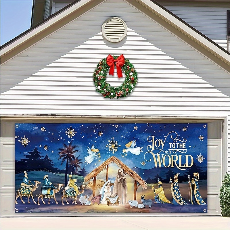 Christmas Door Decorations Nativity Outdoor Garage Door Cover Xmas Banner Santa Claus Snowman Large Backdrop Decoration forHoliday Outdoor Garage Door Home Wall Decorations