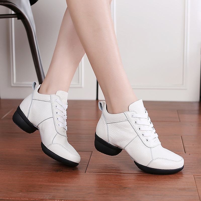Women's Latin Dance Shoes Practice Trainning Dance Shoes Line Dance Performance Indoor ChaCha Comfort Shoes Split Sole Thick Heel Pearl White Bright Black Black3
