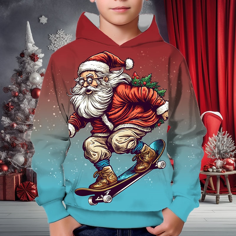 Christmas Boys 3D Santa Claus Hoodie Pullover Long Sleeve 3D Print Fall Winter Fashion Streetwear Cool Polyester Kids 3-12 Years Outdoor Casual Daily Regular Fit