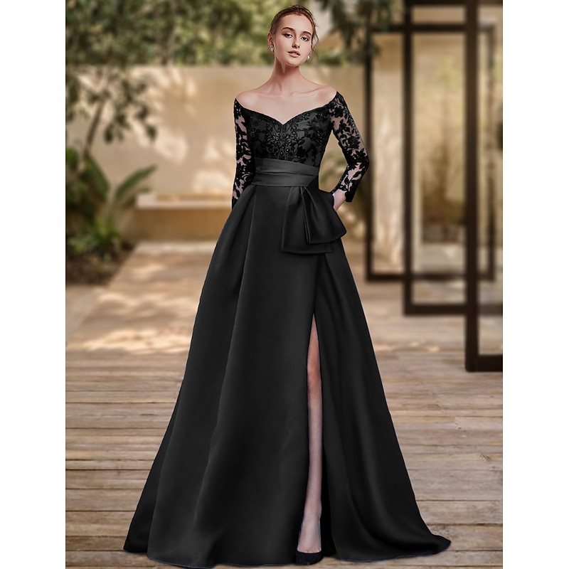 Sheath Evening Gown High Split Dress Formal Wedding Guest Sweep / Brush Train 3/4 Length Sleeve Off Shoulder Charmeuse with Bow(s) Sequin Slit3