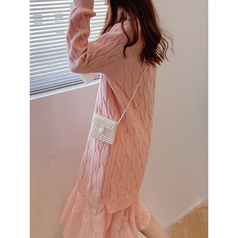 Women's Sweater Dress Knit Dress Jumper Dress Long Dress Maxi Dress Knitwear Fashion Daily Plain Outdoor Casual Holiday Vacation Crew Neck Long Sleeve Ruched Patchwork 2023 Loose Fit Black White Pink3