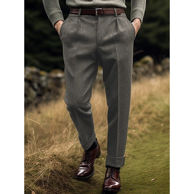 Men's Graduation Dress Pants Trousers Suit Pants Tweed Pants Pocket Plain Comfort Breathable Outdoor Daily Going out Fashion Casual Coffee