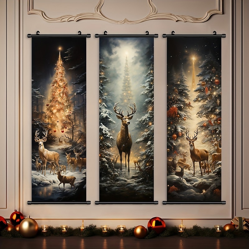 1pc Christmas Poster with Hangers Courtyard Christmas Deer And Colorful Christmas Tree Wall Art Canvas Posters Art For Home Living Room Decoration Wall Art Decor