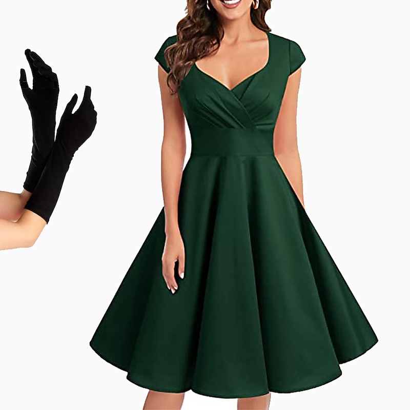 Retro Vintage 1950s Knee Length Swing Dress Flare Dress V Neck Fancy Dress Women's Masquerade Party Prom Casual Daily Adults' Dress Gloves Homecoming Dresses2