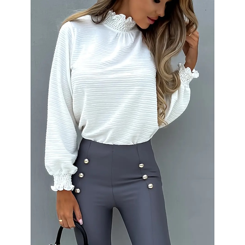 Shirt Blouse Women's Black White Pink Solid / Plain Color Puff Sleeve Daily Fashion High Neck Regular Fit S2