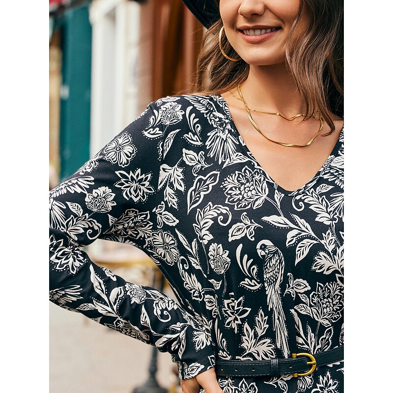 Floral Print V Neck Swing Midi Dress4